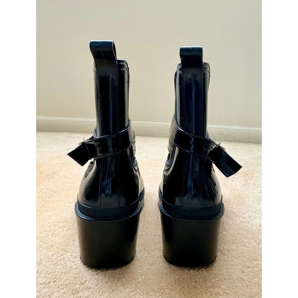 Unbranded Women's Black Glossy Rubber Buckle Ankle Rain Boots Chunky Heel Size 7